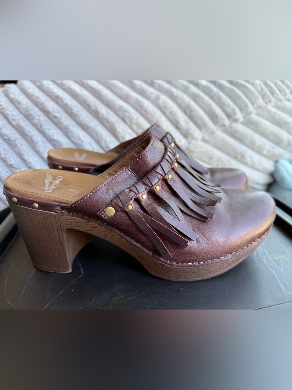 Dansko Deni Brown Leather Fringe Heeled Clog Mules Size 41/ US 10.5